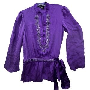 Etcetera 100% Silk Elegant Blouse 0 Purple W/ Tie Rhinestone Bling Size XS
